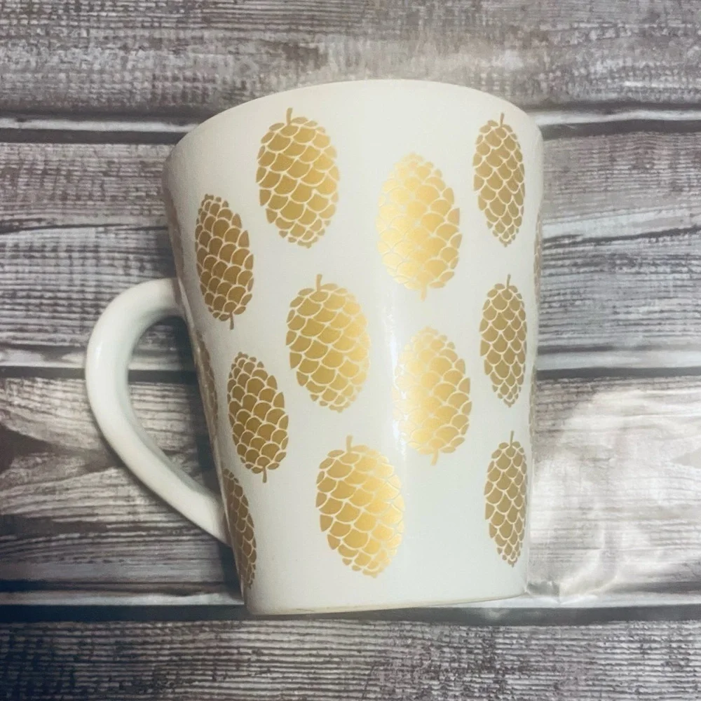 Gold Pinecones  Mug Teacup White, Ceramic 8 oz MODERN GOURMET FOODS